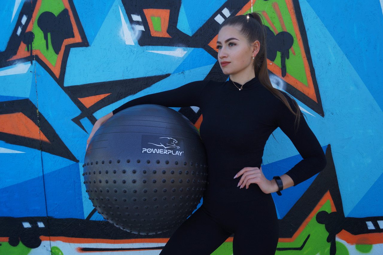 М’яч для фітнесу (фітбол) напівмасажний PowerPlay 4003 Ø75 cm Gymball Темно-сірий + помпа