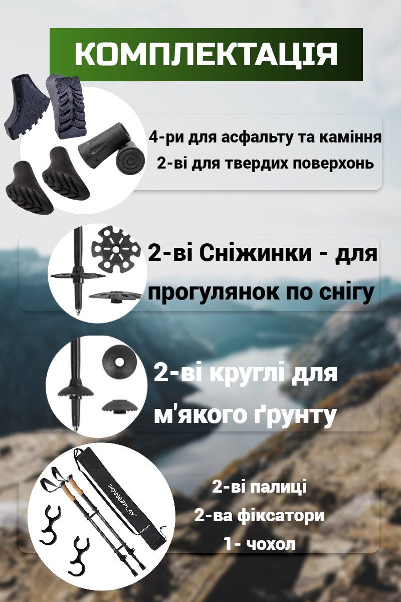 Трекінгові палиці PowerPlay 9110 Friluftsliv Black/White 80-135 см (пара) + 2-ві пари чобітків + чохол