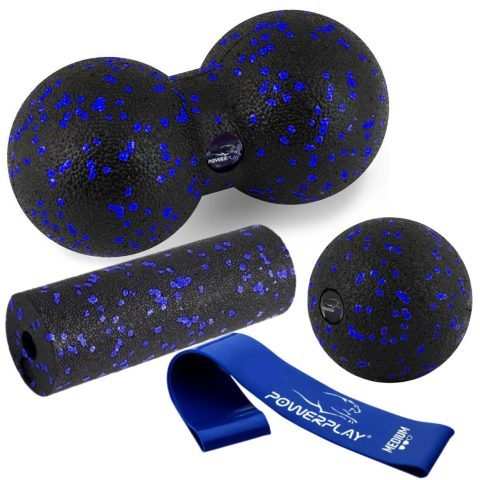 Набір для масажу та йоги PowerPlay PP_4091 EPP (2 м’ячики + валик масажер 15*5,3 см.) Blue  + резинка 7,5 кг.