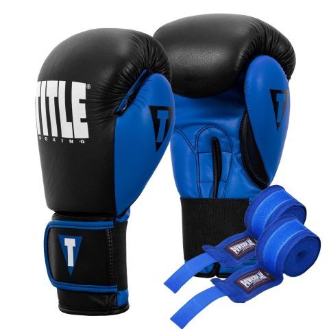 Боксерські рукавиці TITLE Boxing Dynamic Strike Black/Blue 14 oz (бинти 4м. у комплекті)