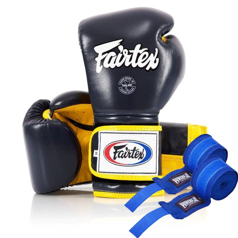 Боксерські рукавиці Fairtex BGV9 Mexican Blue/Yellow 18 унцій (бинти в комплекті)